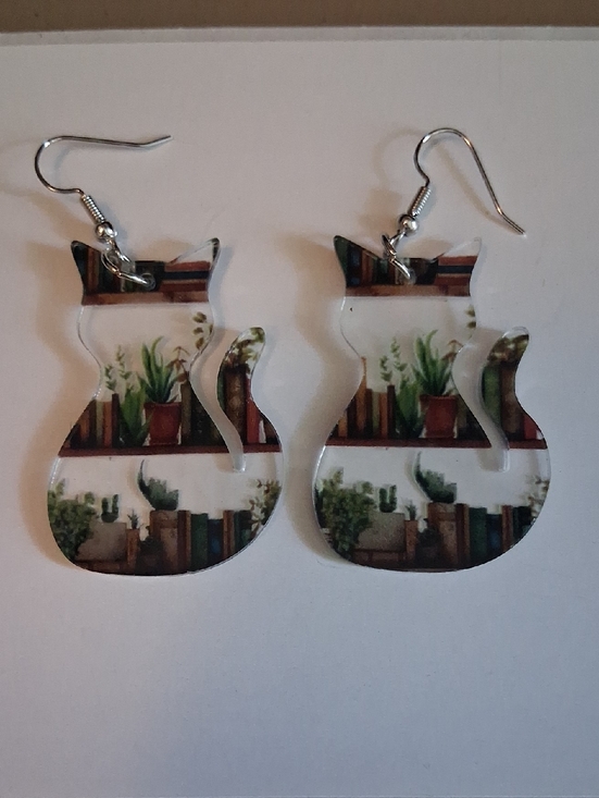 Jewelry - Cat Book And Plant Earrings